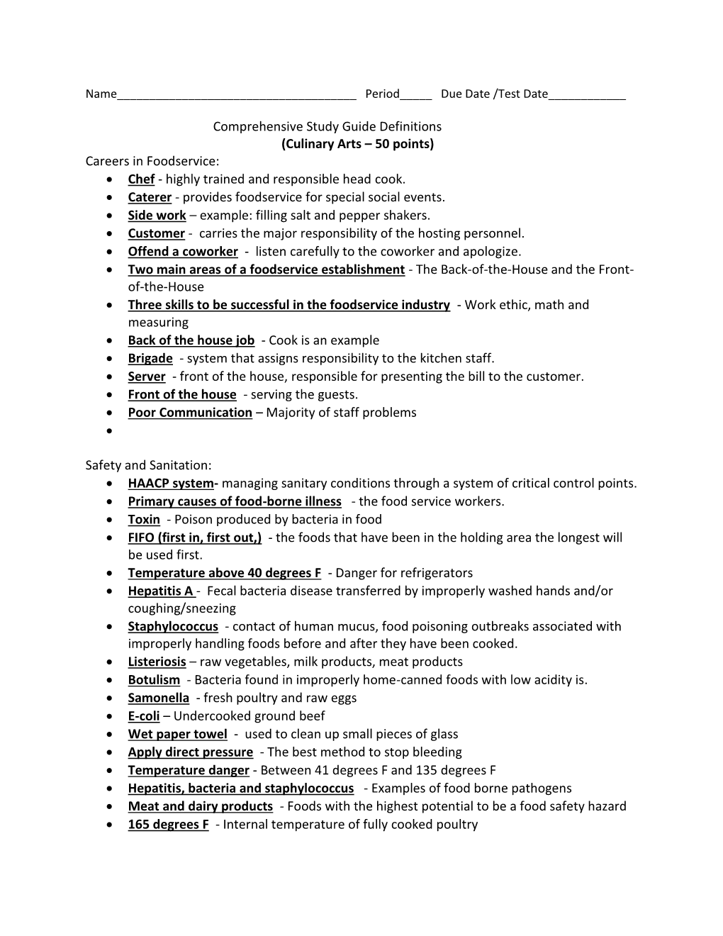 Food Service/Culinary Arts Test Number