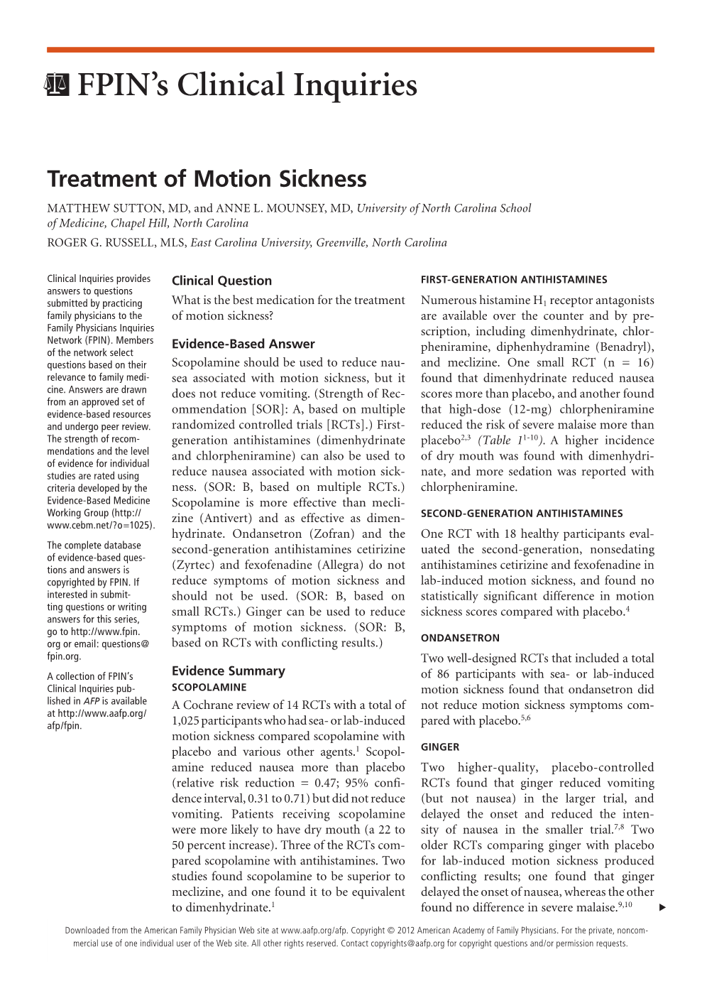 Treatment of Motion Sickness MATTHEW SUTTON, MD, and ANNE L