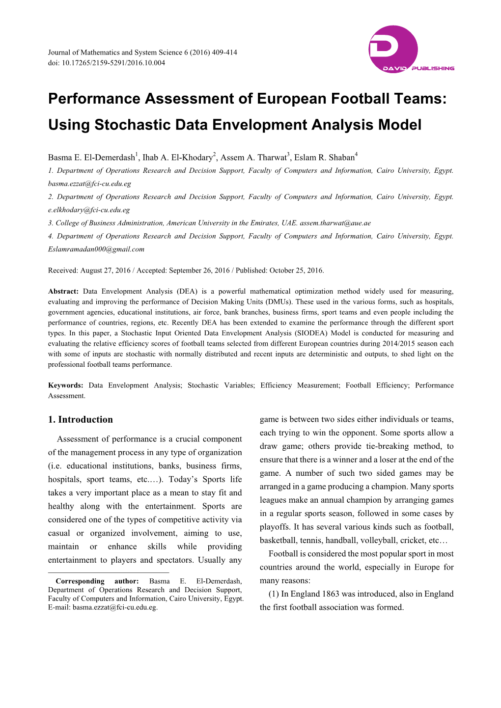 Performance Assessment of European Football Teams: Using Stochastic Data Envelopment Analysis Model