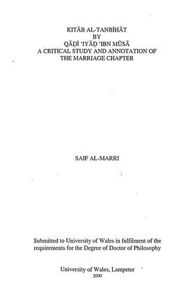 Kitab Al-Tanbihat by Qädi `Iyäd 'Ibn Müsa a Critical Study and Annotation of the Marriage Chapter