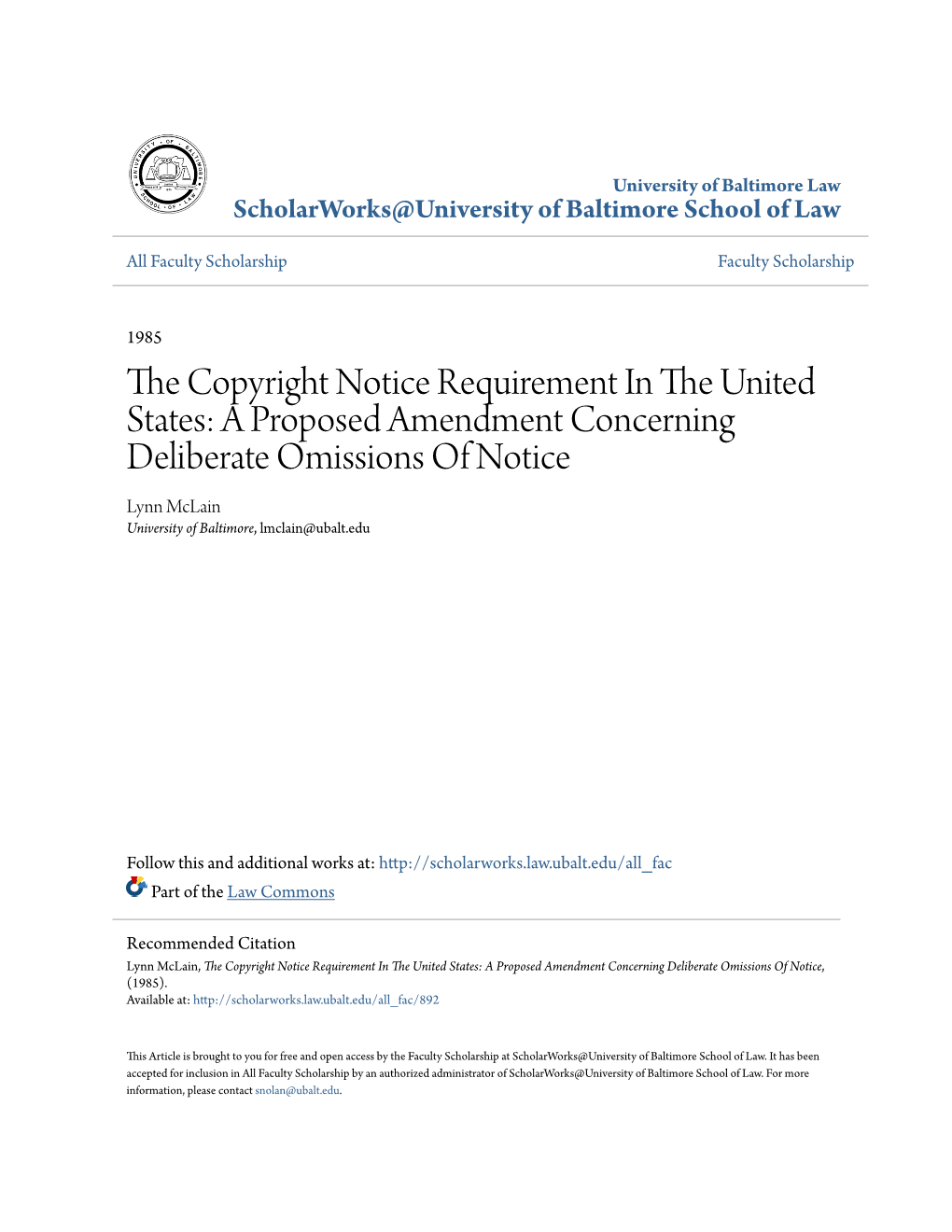 A Proposed Amendment Concerning Deliberate Omissions of Notice Lynn Mclain University of Baltimore, Lmclain@Ubalt.Edu