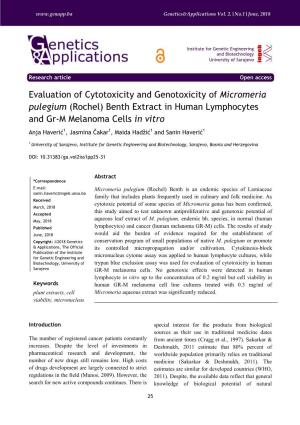 Evaluation of Cytotoxicity and Genotoxicity of Micromeria