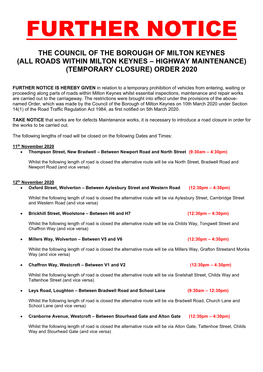 Roads Within Milton Keynes – Highway Maintenance) (Temporary Closure) Order 2020