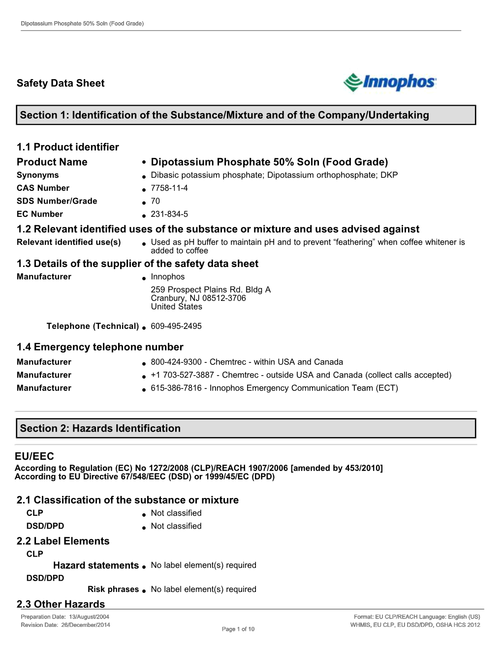 EU/EEC Safety Data Sheet Section 1: Identification of the Substance