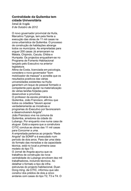 Centralidade Da Quilemba Tem Cidade Universitária Jornal De Angola 8 De Outubro De 2012