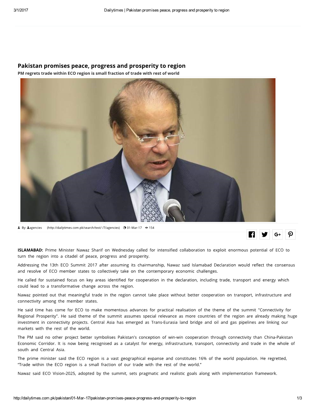 Dailytimes | Pakistan Promises Peace, Progress and Prosperity to Region
