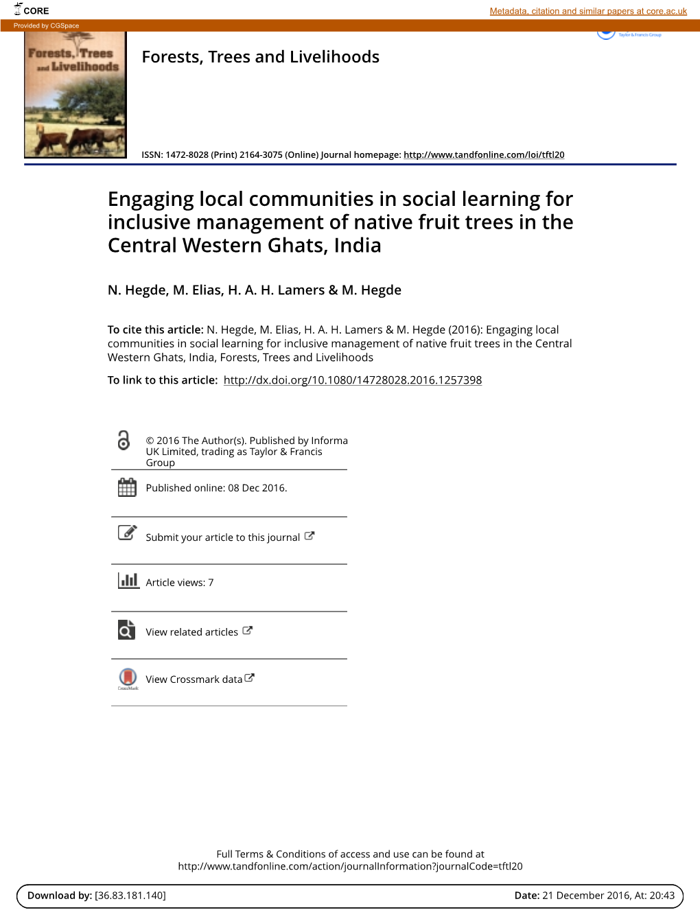 Engaging Local Communities in Social Learning for Inclusive Management of Native Fruit Trees in the Central Western Ghats, India