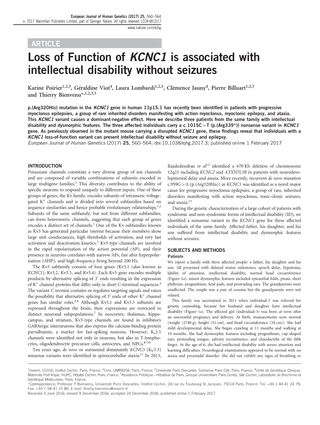 Loss of Function of KCNC1 Is Associated with Intellectual Disability Without Seizures