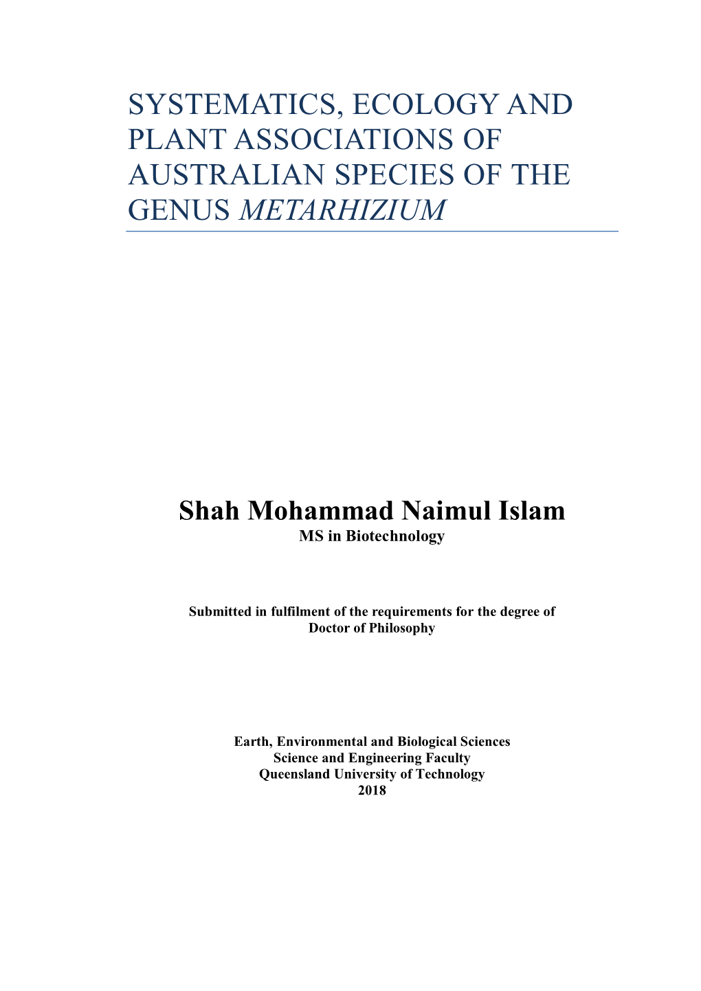 Systematics, Ecology and Plant Associations of Australian Species of the Genus Metarhizium