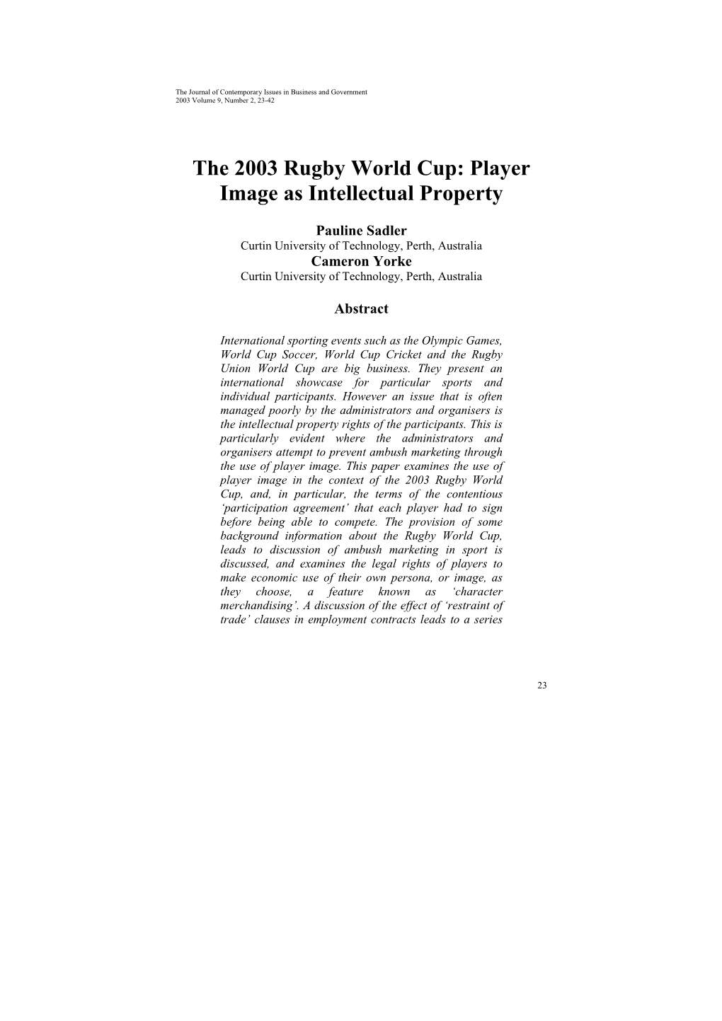 The 2003 Rugby World Cup: Player Image As Intellectual Property