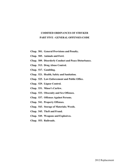 2012 Replacement CODIFIED ORDINANCES