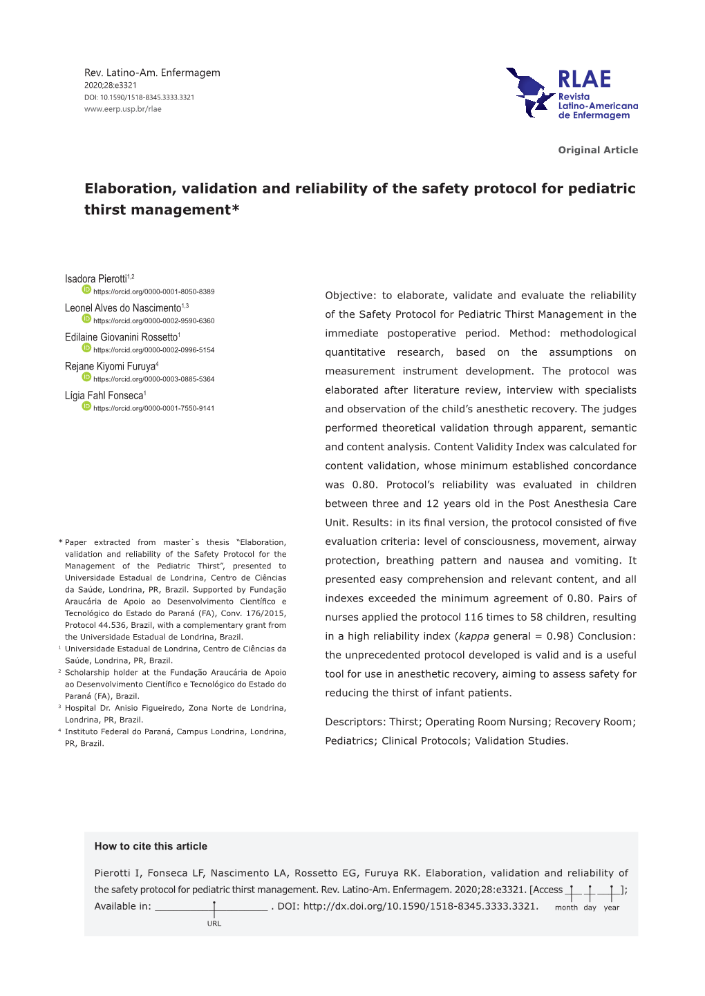 Elaboration, Validation and Reliability of the Safety Protocol for Pediatric Thirst Management*