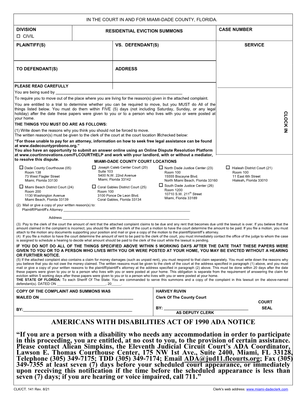 Residential Eviction Summons Case Number  Civil Plaintiff(S) Vs