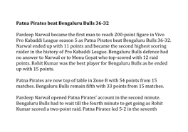 Patna Pirates Beat Bengaluru Bulls 36-32 Pardeep Narwal