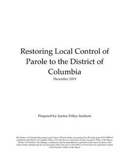 Restoring Local Control of Parole to the District of Columbia December 2019