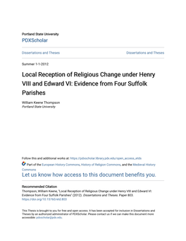 Local Reception of Religious Change Under Henry VIII and Edward VI: Evidence from Four Suffolk Parishes