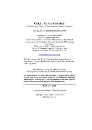 Mystical Experiences Among Astrologers’, Culture and Cosmos , Vol