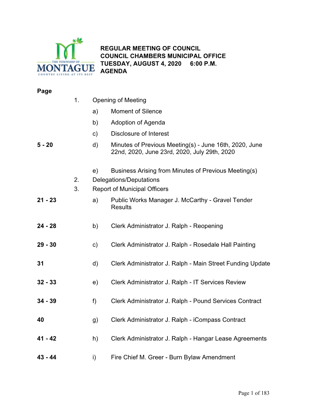 Regular Meeting of Council Council Chambers Municipal Office Tuesday, August 4, 2020