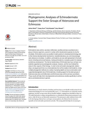 Phylogenomic Analyses of Echinodermata Support the Sister Groups of Asterozoa and Echinozoa