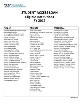 STUDENT ACCESS LOAN Eligible Institutions FY 2017