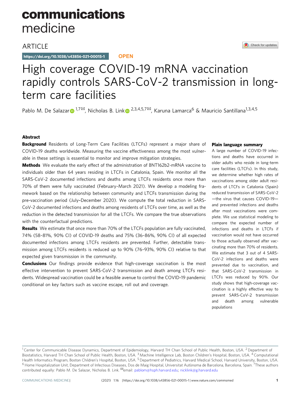 High Coverage COVID-19 Mrna Vaccination Rapidly Controls SARS-Cov-2 Transmission in Long- Term Care Facilities ✉ ✉ Pablo M