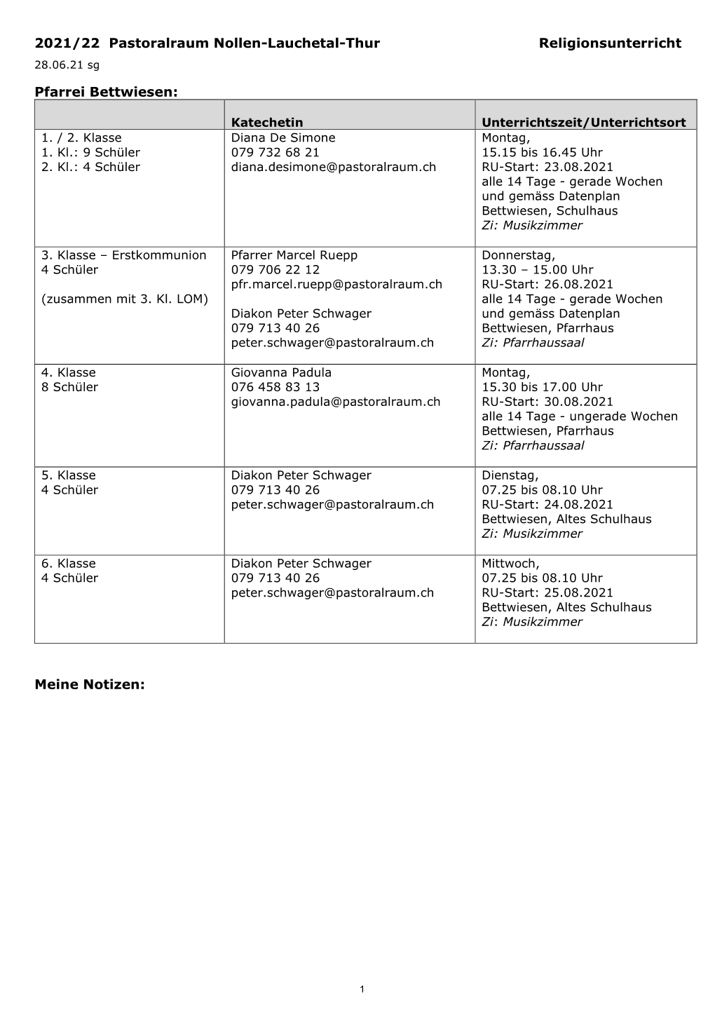 Stundenplan Religionsunterricht 2021-22