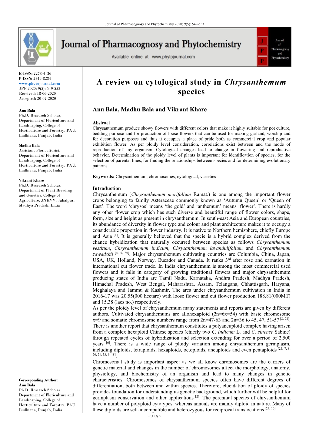 A Review on Cytological Study in Chrysanthemum Species