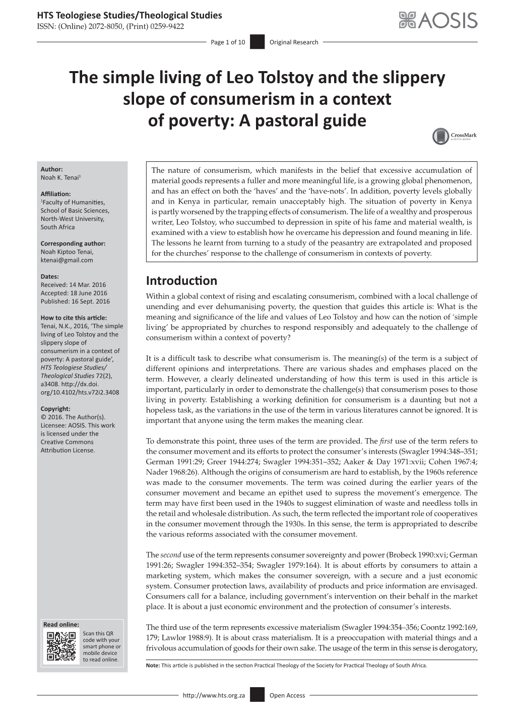 The Simple Living of Leo Tolstoy and the Slippery Slope of Consumerism in a Context of Poverty: a Pastoral Guide