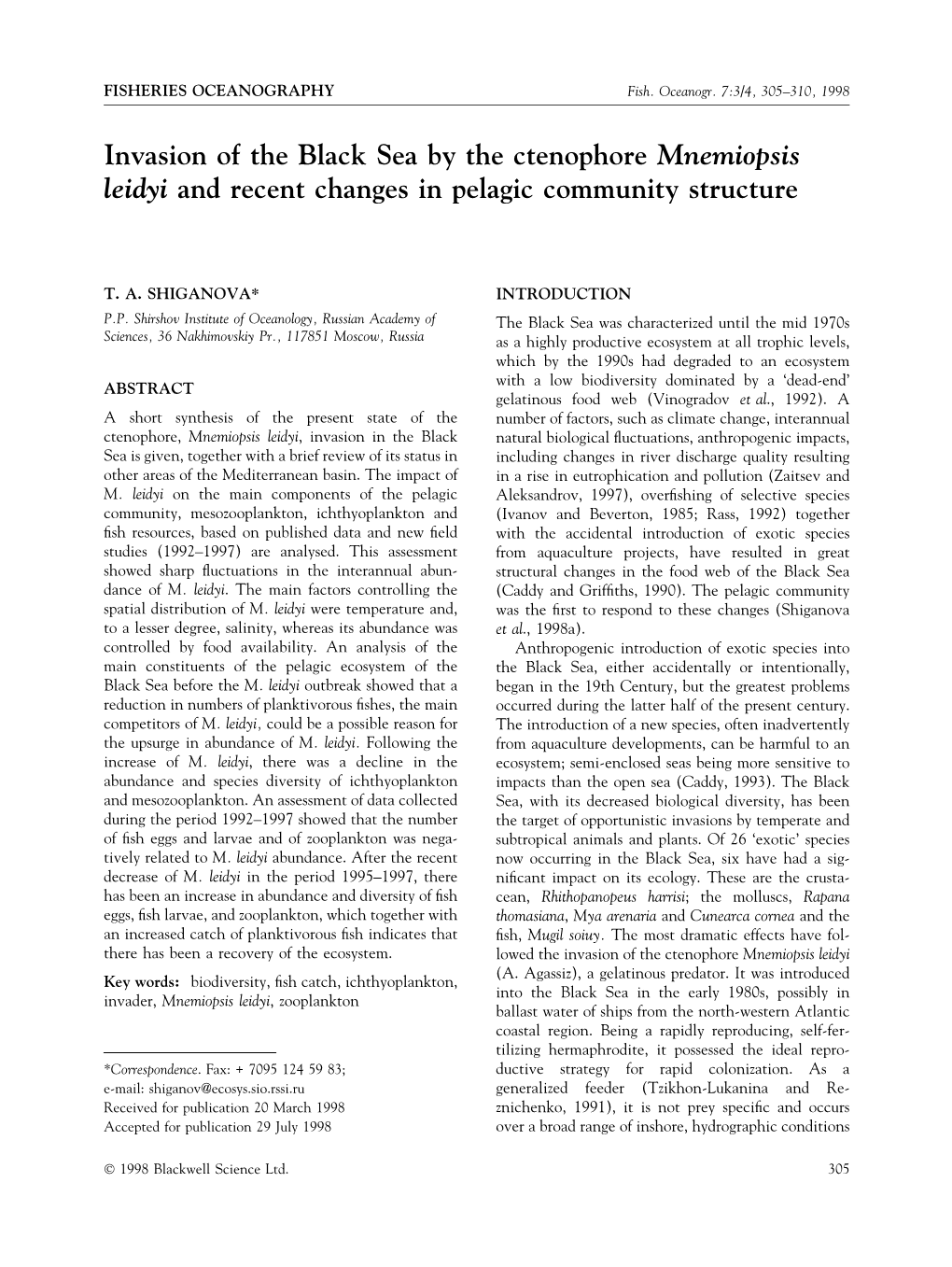 Invasion of the Black Sea by the Ctenophore Mnemiopsis Leidyi and Recent Changes in Pelagic Community Structure