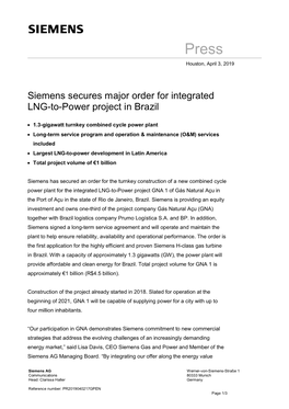 Siemens Secures Major Order for Integrated LNG-To-Power Project in Brazil