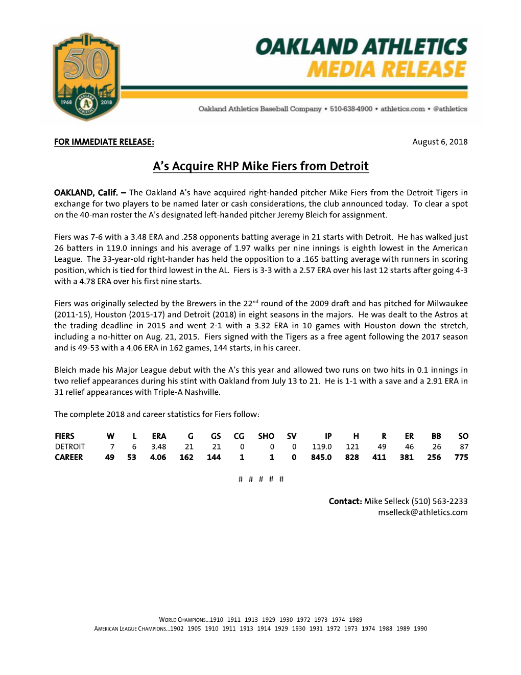 A's Acquire RHP Mike Fiers from Detroit