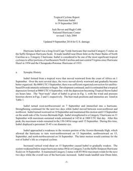 1- Tropical Cyclone Report Hurricane Isabel 6-19 September 2003 Jack Beven and Hugh Cobb National Hurricane Center Revised 1 Ju