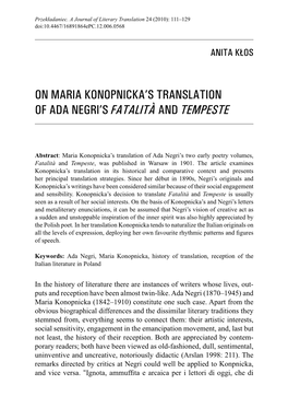 On Maria Konopnicka's Translation of Ada Negri's Fatalità and Tempeste