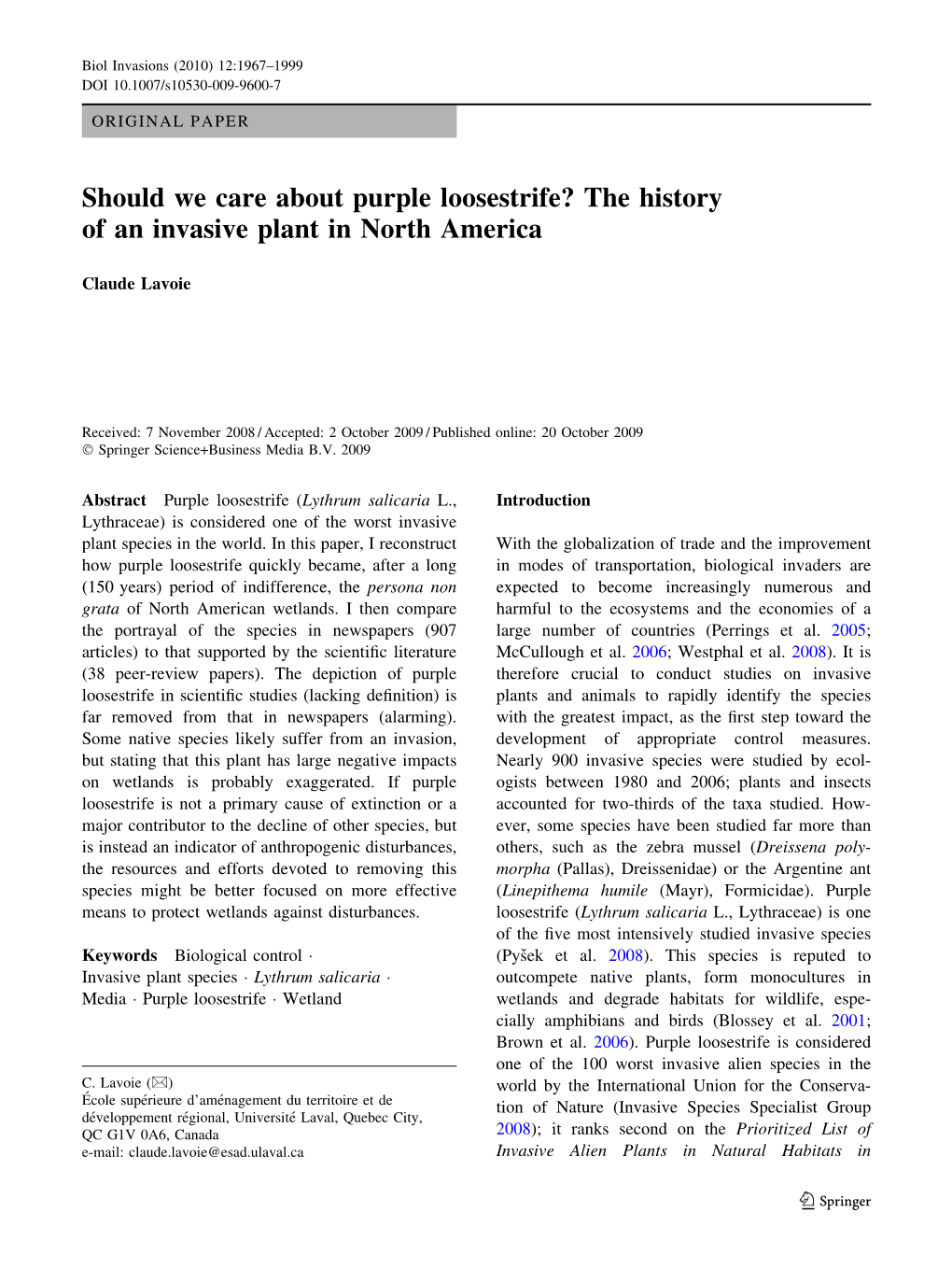 Should We Care About Purple Loosestrife? the History of an Invasive Plant in North America