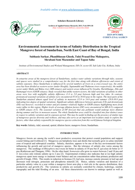 Environmental Assessment in Terms of Salinity Distribution in the Tropical Mangrove Forest of Sundarban, North East Coast of Bay of Bengal, India