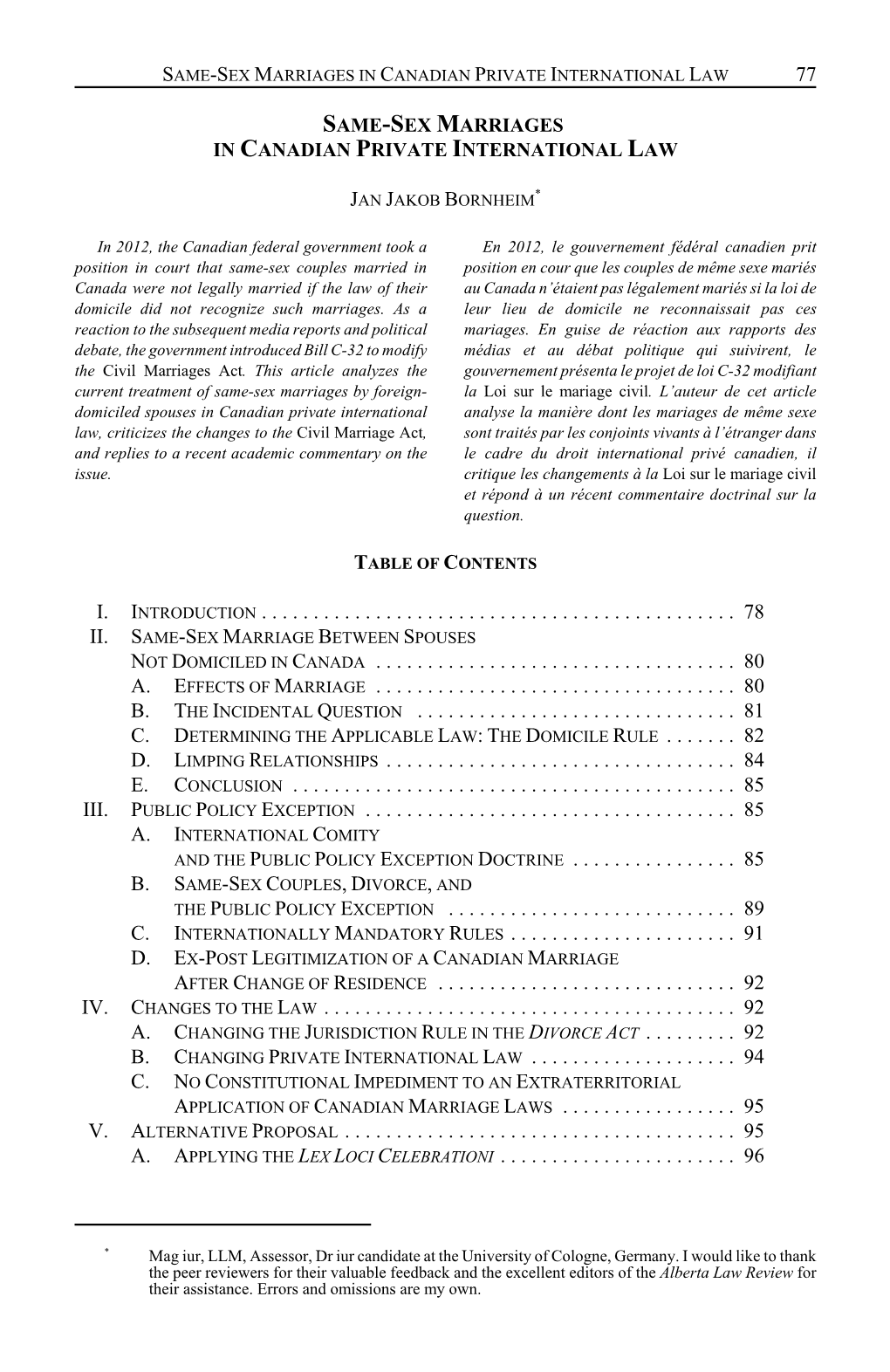 Same-Sex Marriages in Canadian Private International Law 77