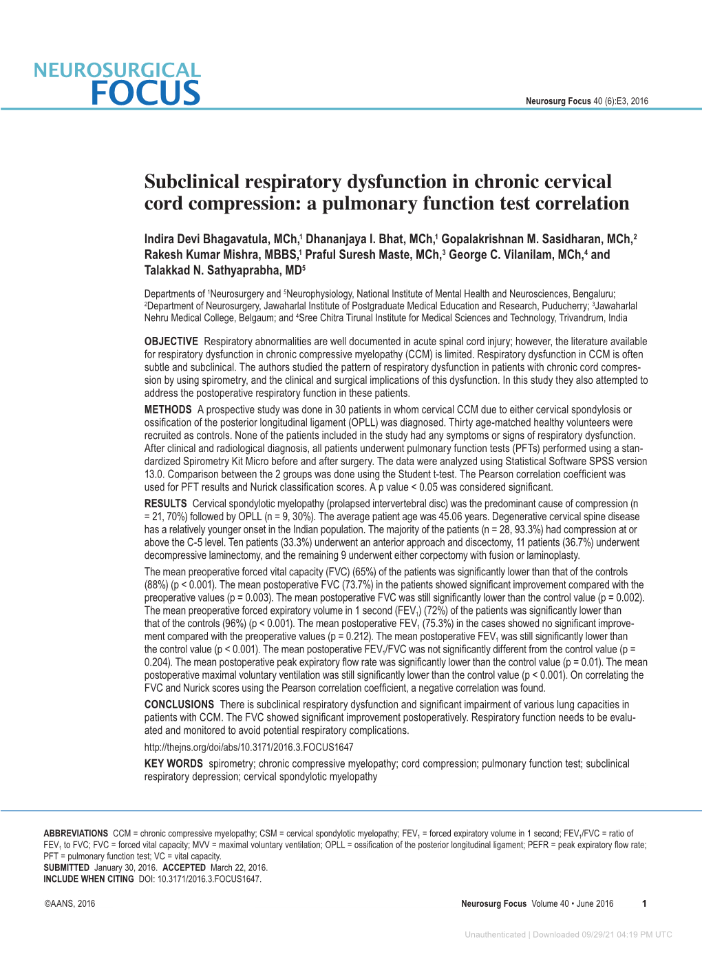 Subclinical Respiratory Dysfunction in Chronic Cervical Cord Compression: a Pulmonary Function Test Correlation