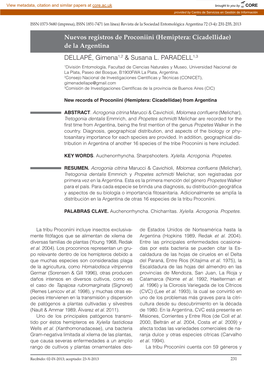 Hemiptera: Cicadellidae) De La Argentina DELLAPÉ, Gimena1,2 & Susana L