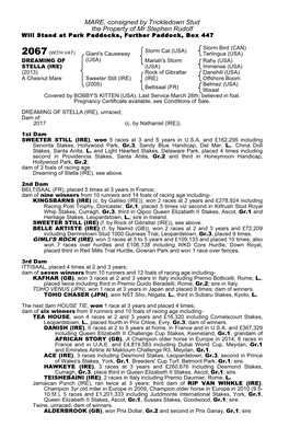 MARE, Consigned by Trickledown Stud the Property of Mr Stephen Rudolf Will Stand at Park Paddocks, Further Paddock, Box 447