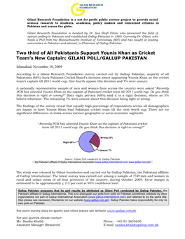 Two Third of All Pakistanis Support Younis Khan As Cricket Team’S New Captain: GILANI POLL/GALLUP PAKISTAN