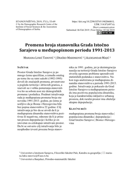 Promena Broja Stanovnika Grada Istočno Sarajevo U Međupopisnom Periodu 1991-2013