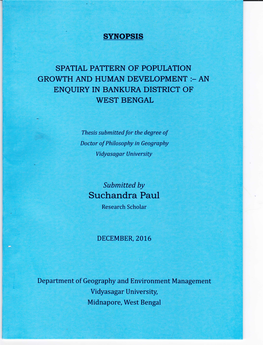 ' ?I;;:Lj;: I :,1" D; Midnapore, West Bengal SPATIAL PATTERN of POPULATION GROWTH and HUMAN DEVELOPMENT :– an ENQUIRY in BANKURA DISTRICT of WEST BENGAL