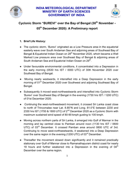 Cyclonic Storm “BUREVI” Over the Bay of Bengal (30 November - 05Th December 2020): a Preliminary Report