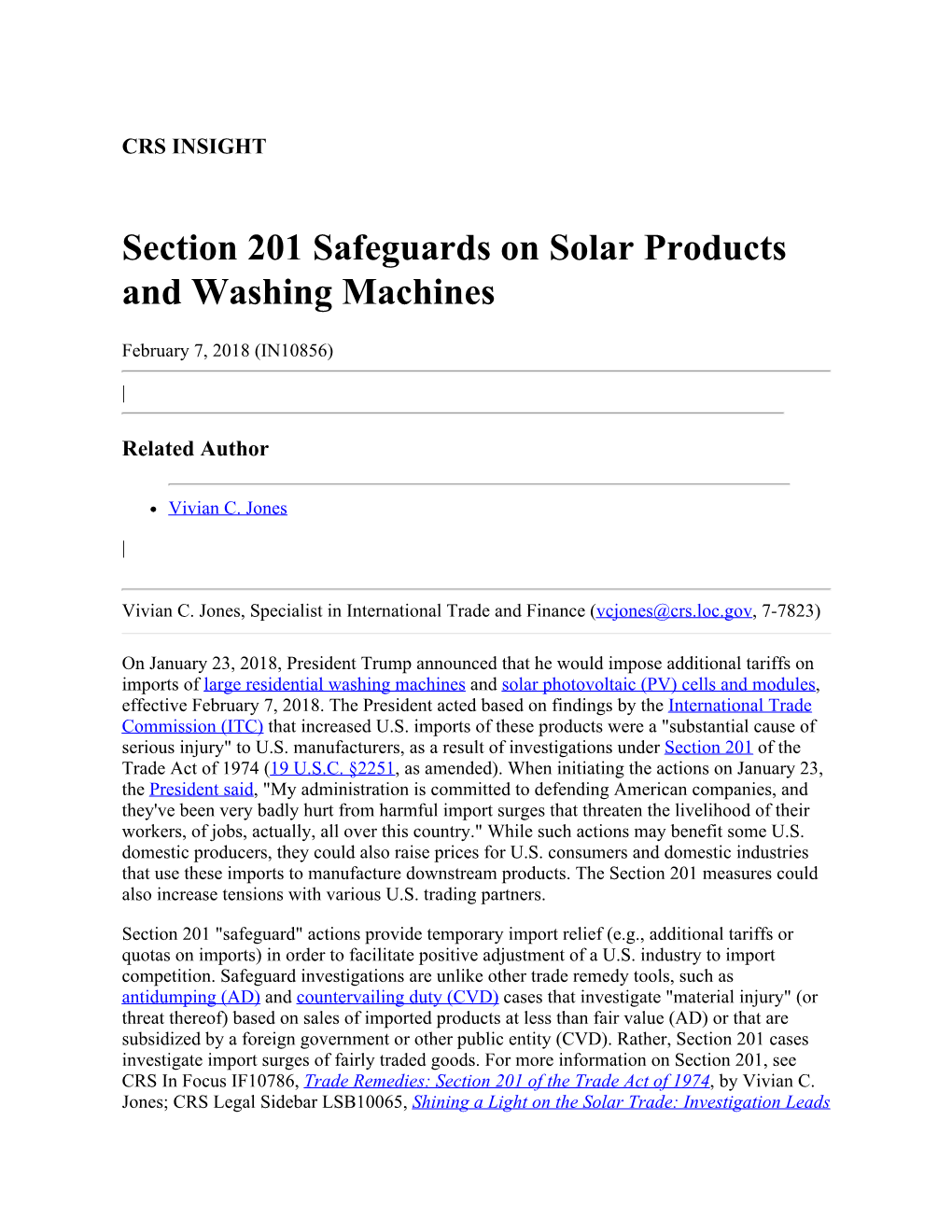 Section 201 Safeguards on Solar Products and Washing Machines