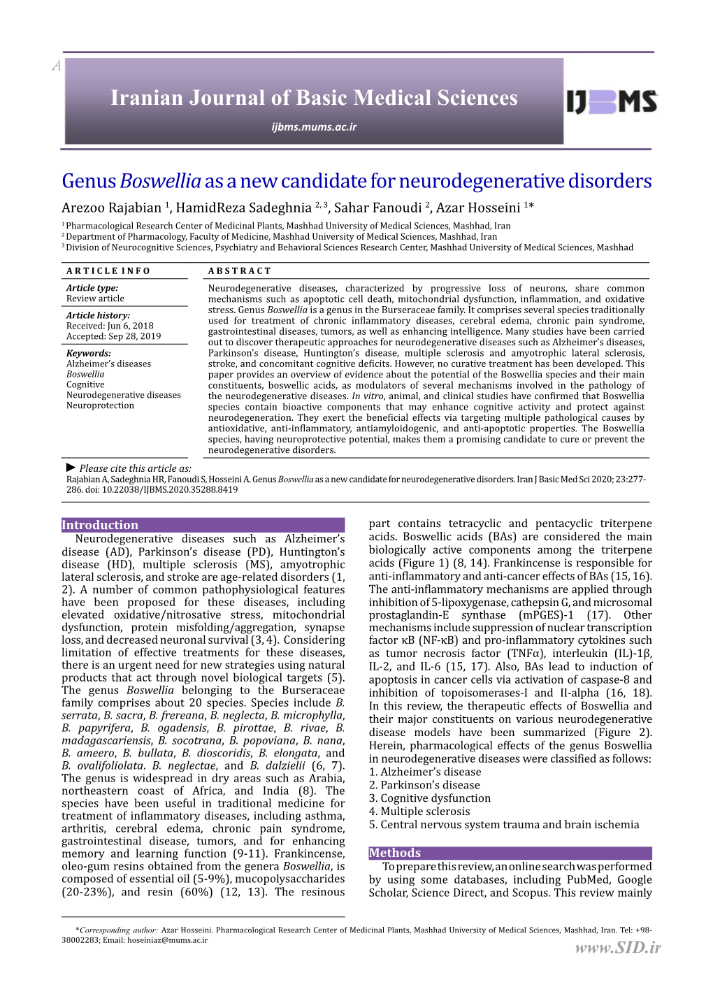 Genus Boswellia As a New Candidate for Neurodegenerative Disorders