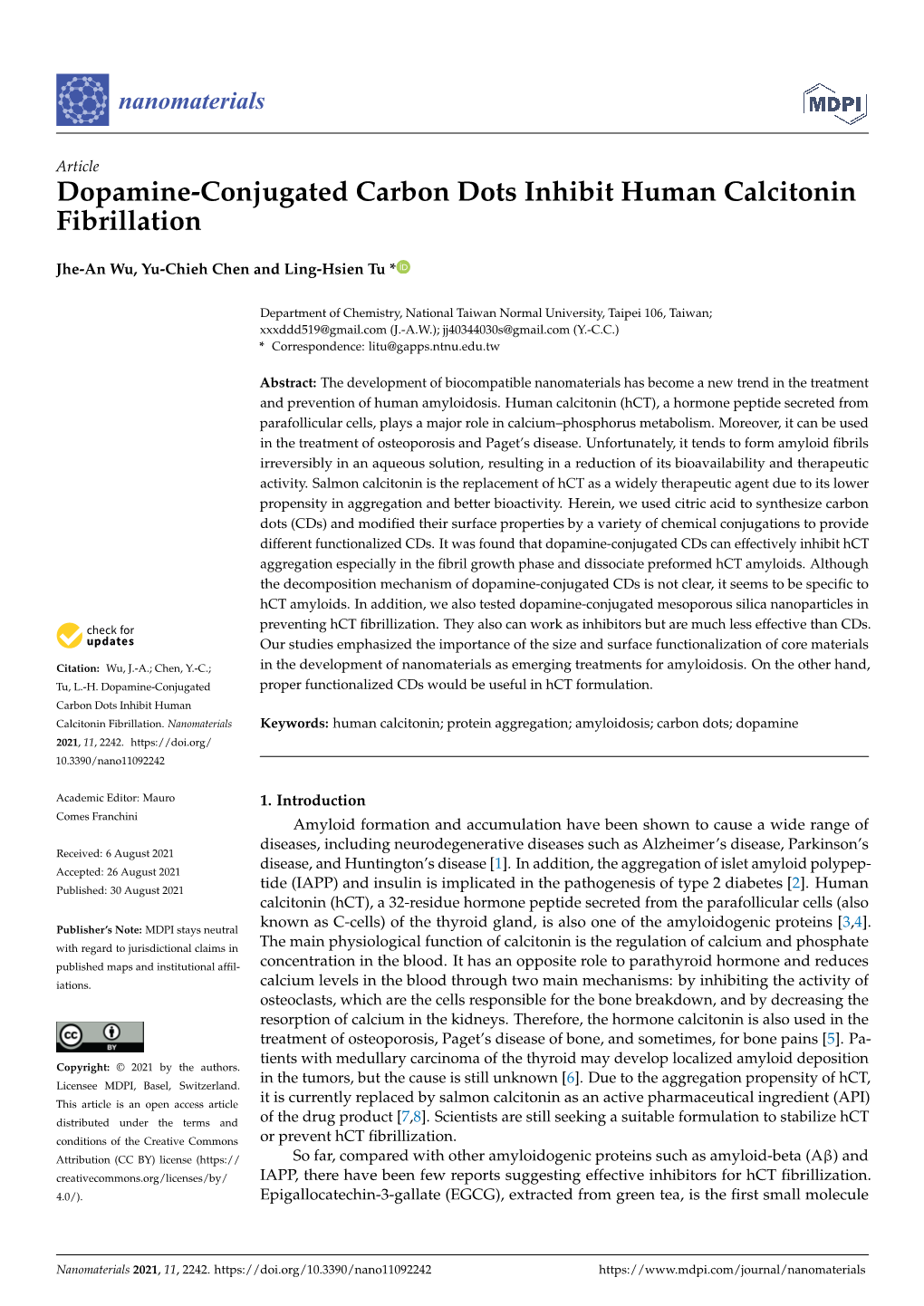 Dopamine-Conjugated Carbon Dots Inhibit Human Calcitonin Fibrillation