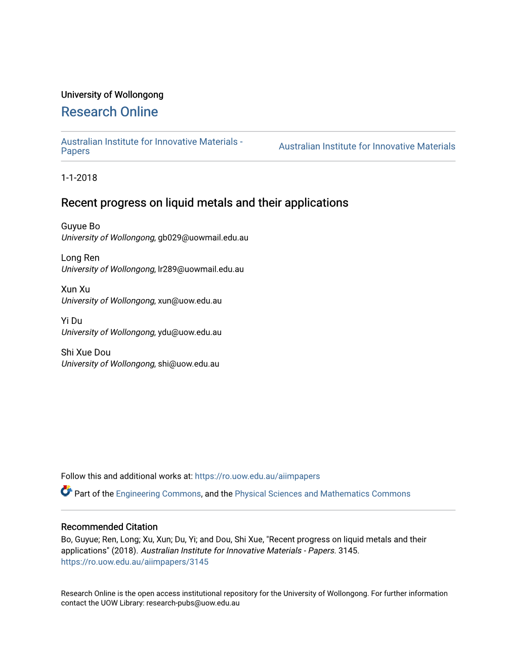 Recent Progress on Liquid Metals and Their Applications