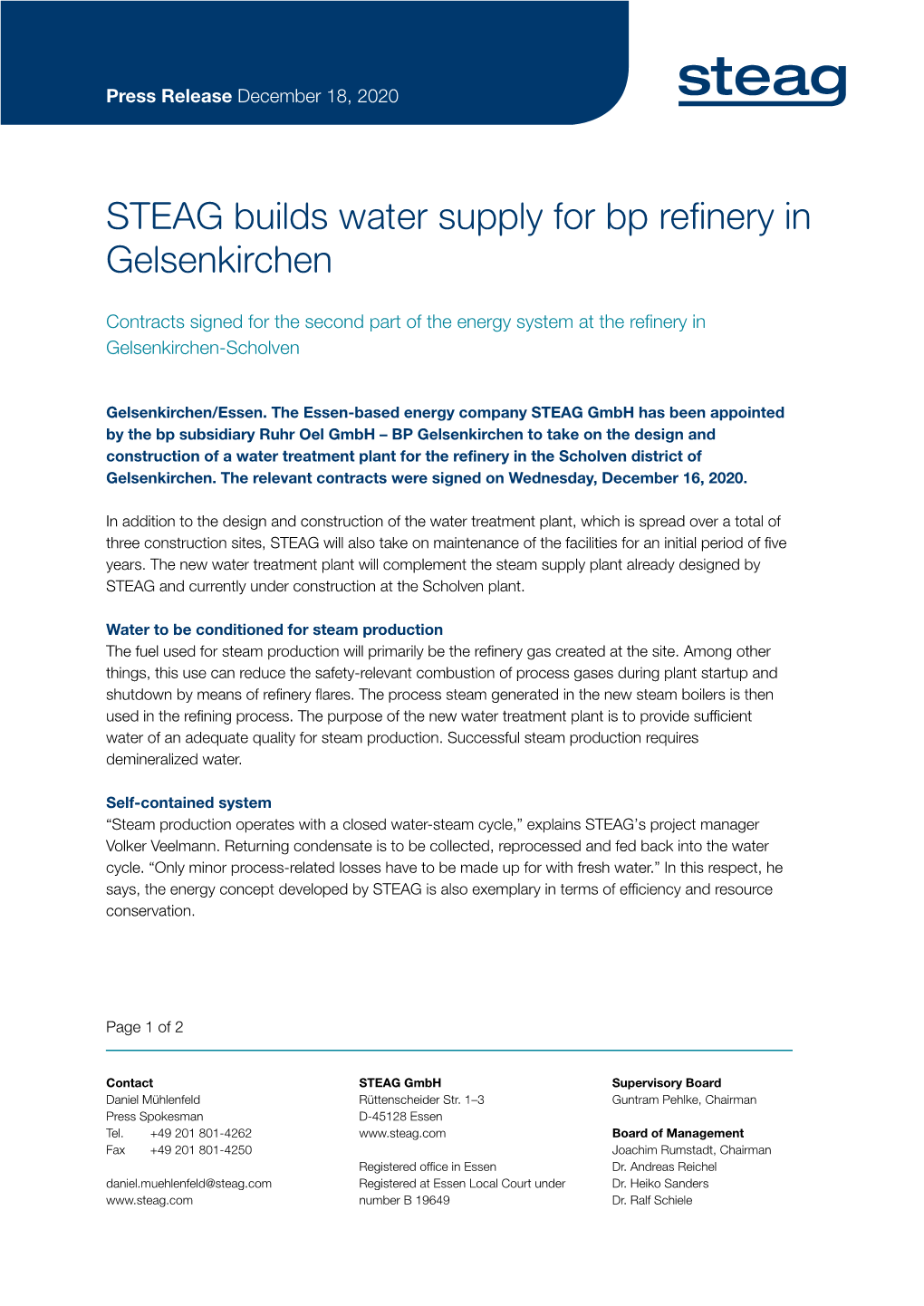 STEAG Builds Water Supply for Bp Refinery in Gelsenkirchen