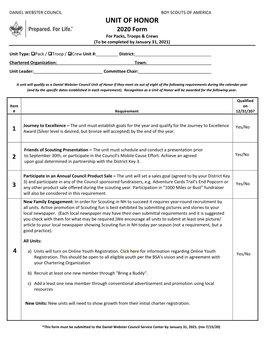 UNIT of HONOR 2020 Form for Packs, Troops & Crews (To Be Completed by January 31, 2021)