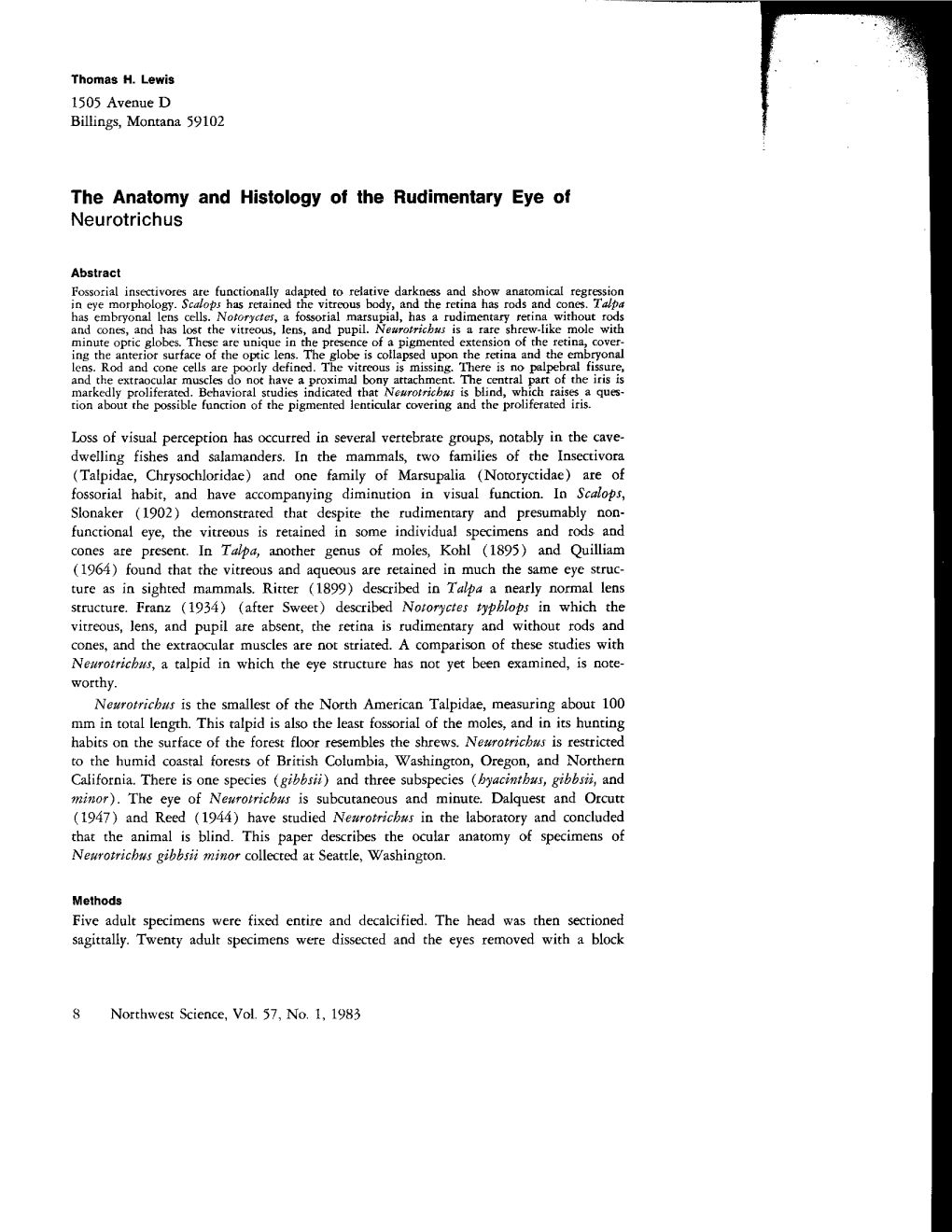 The Anatomy and Histology of the Rudimentary Eye Ol Neurotrichus